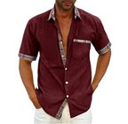 Camisa Manga Corta para Hombre con Detalle a Cuadros en color vino tinto