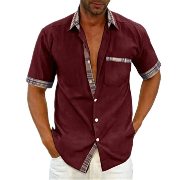Camisa Manga Corta para Hombre con Detalle a Cuadros en color vino tinto