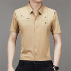 Camisa Manga Corta de Seda Fría para Hombre en color caqui