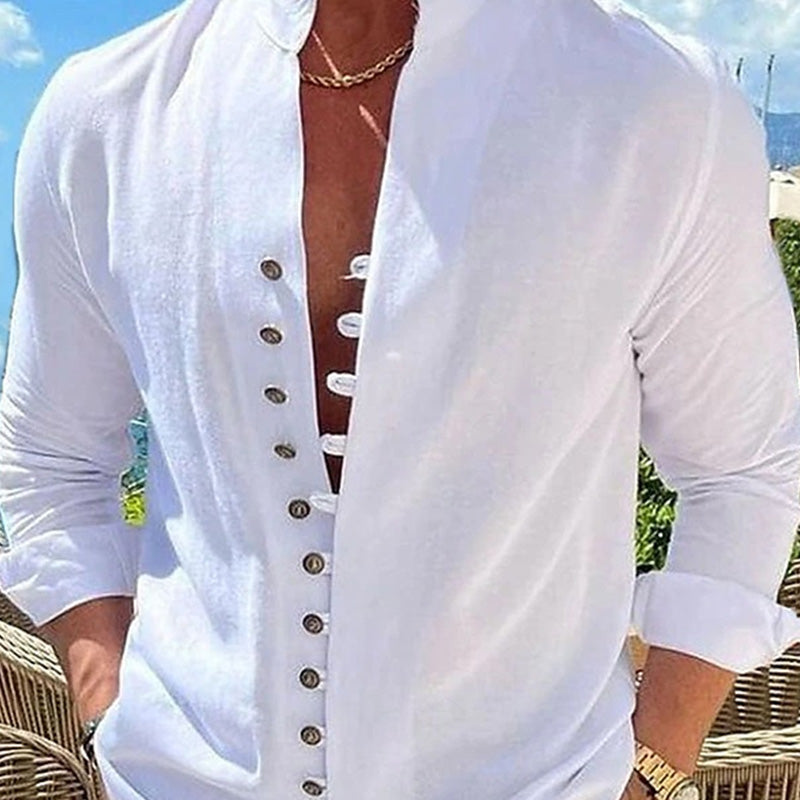 Camisa Manga Larga Cuello Mao para Hombre Estilo Lino - vista 3