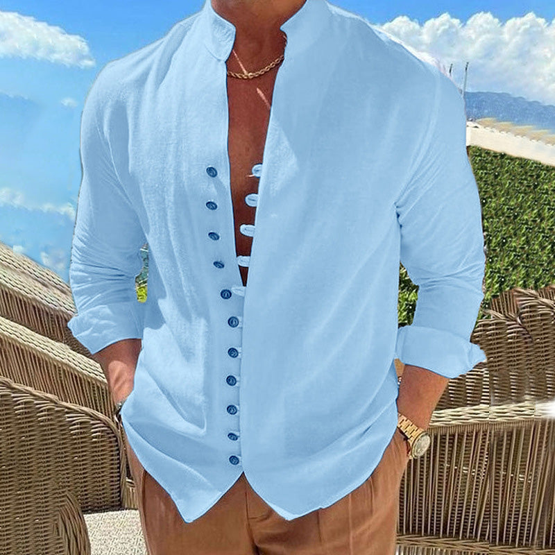 Camisa Manga Larga Cuello Mao para Hombre Estilo Lino en color azul claro