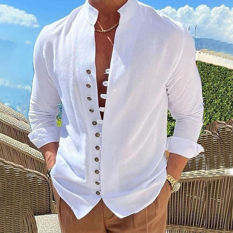 Camisa Manga Larga Cuello Mao para Hombre Estilo Lino en color blanco