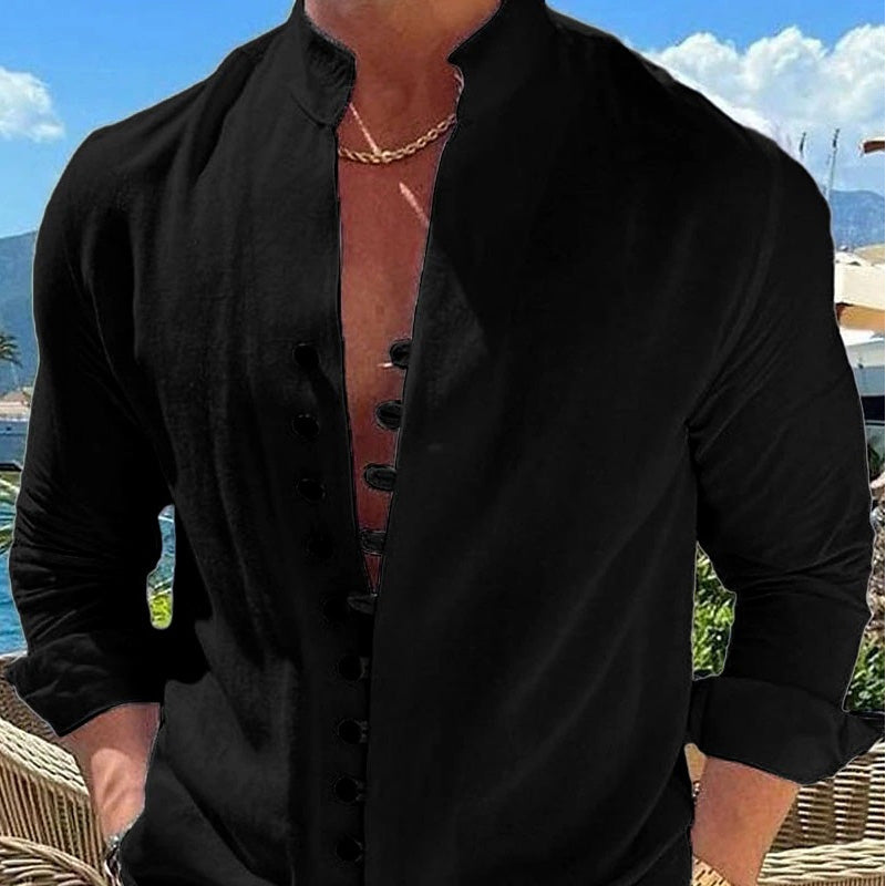 Camisa Manga Larga Cuello Mao para Hombre Estilo Lino en color negro