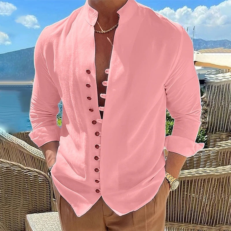 Camisa Manga Larga Cuello Mao para Hombre Estilo Lino en color rosa