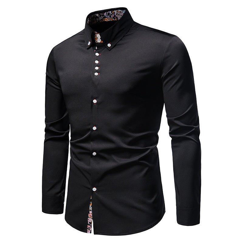 Camisa Manga Larga Slim Fit con Estampado Floral Interior en color negro