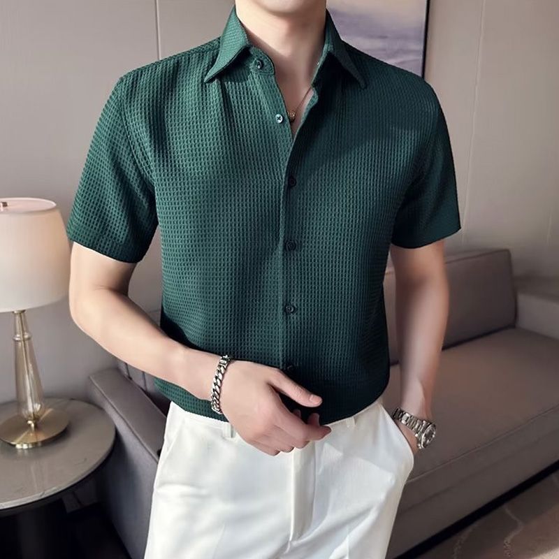 Camisa Waffle de Botones para Hombre Manga Corta en color verde
