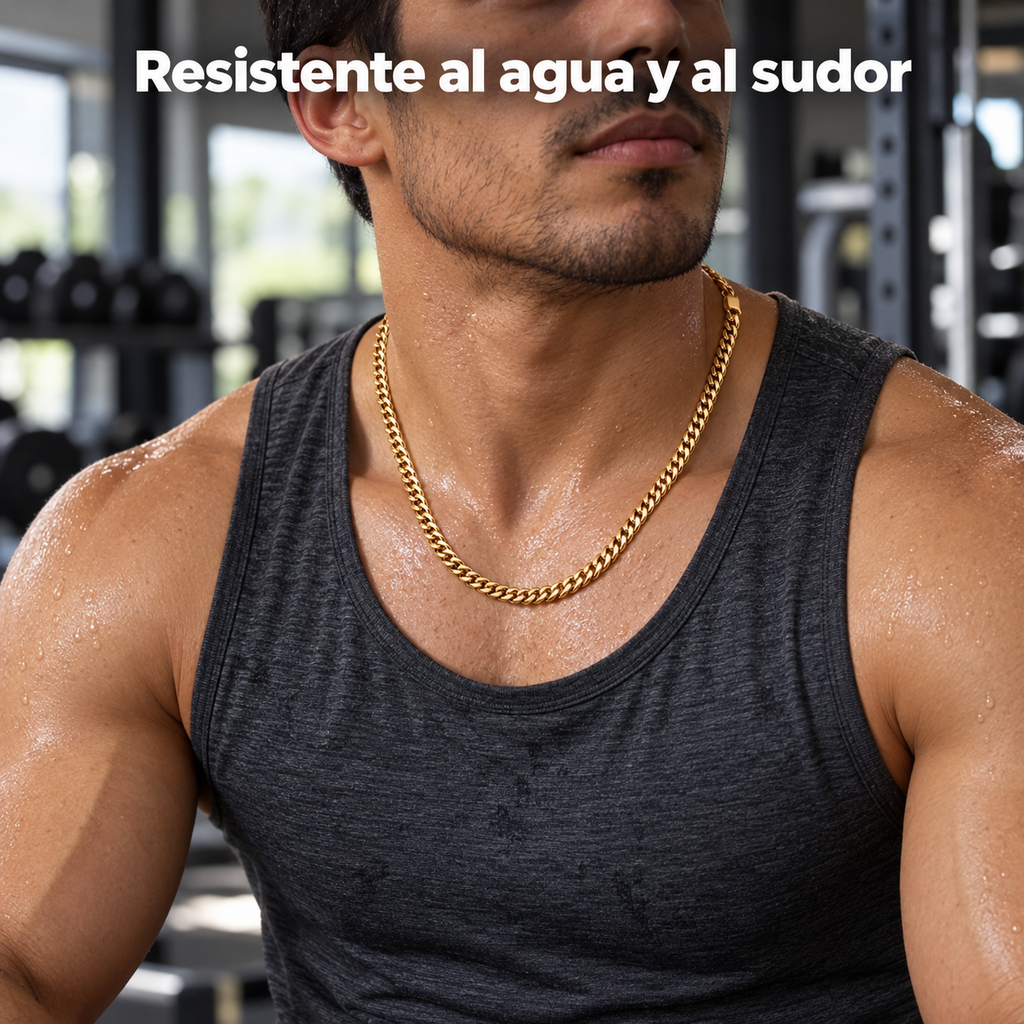 Hombre en el gym con la cadena dorada, resistente al agua y al sudor
