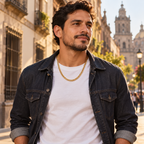 Hombre con playera blanca y chamarra de mezclilla usando la cadena dorada