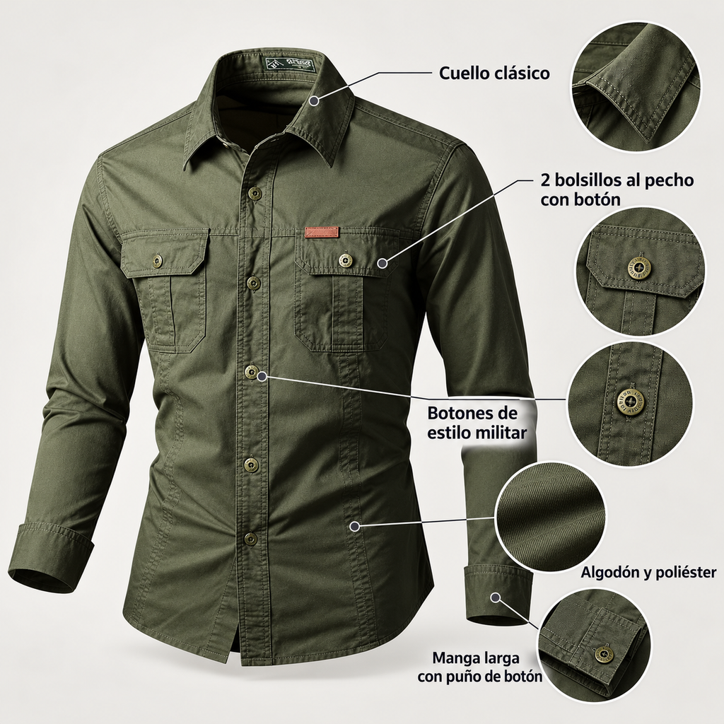 Diagrama de la camisa estilo militar verde con cuello clásico, bolsillos al pecho con botón y puño de botón