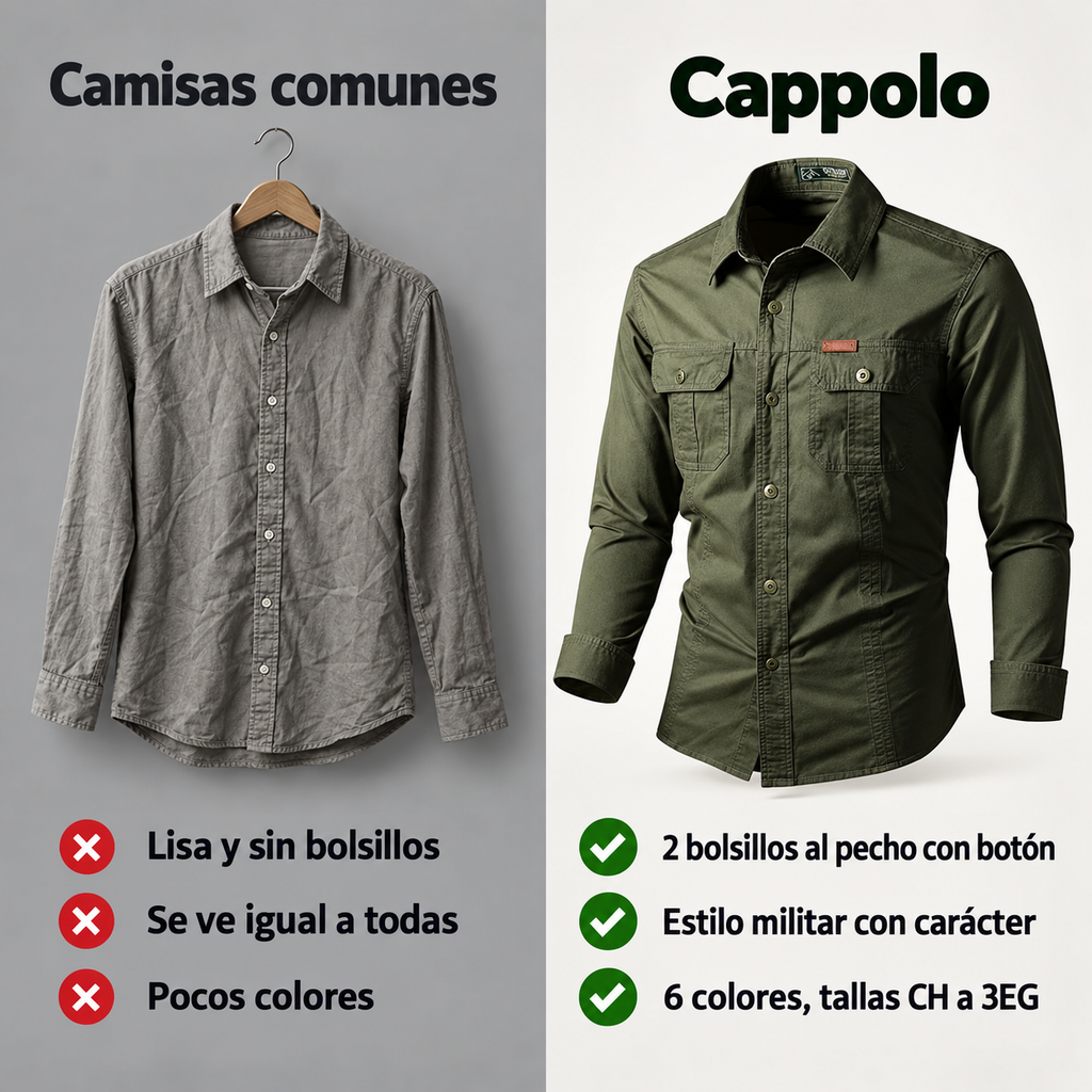 Comparación entre una camisa común lisa y la camisa estilo militar Cappolo