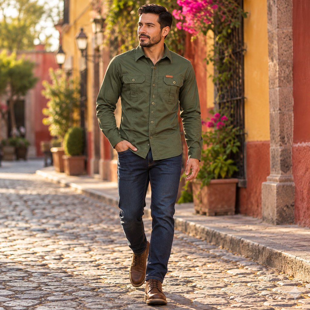Hombre con la camisa estilo militar verde en una calle colonial de México