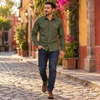 Hombre con la camisa estilo militar verde en una calle colonial de México