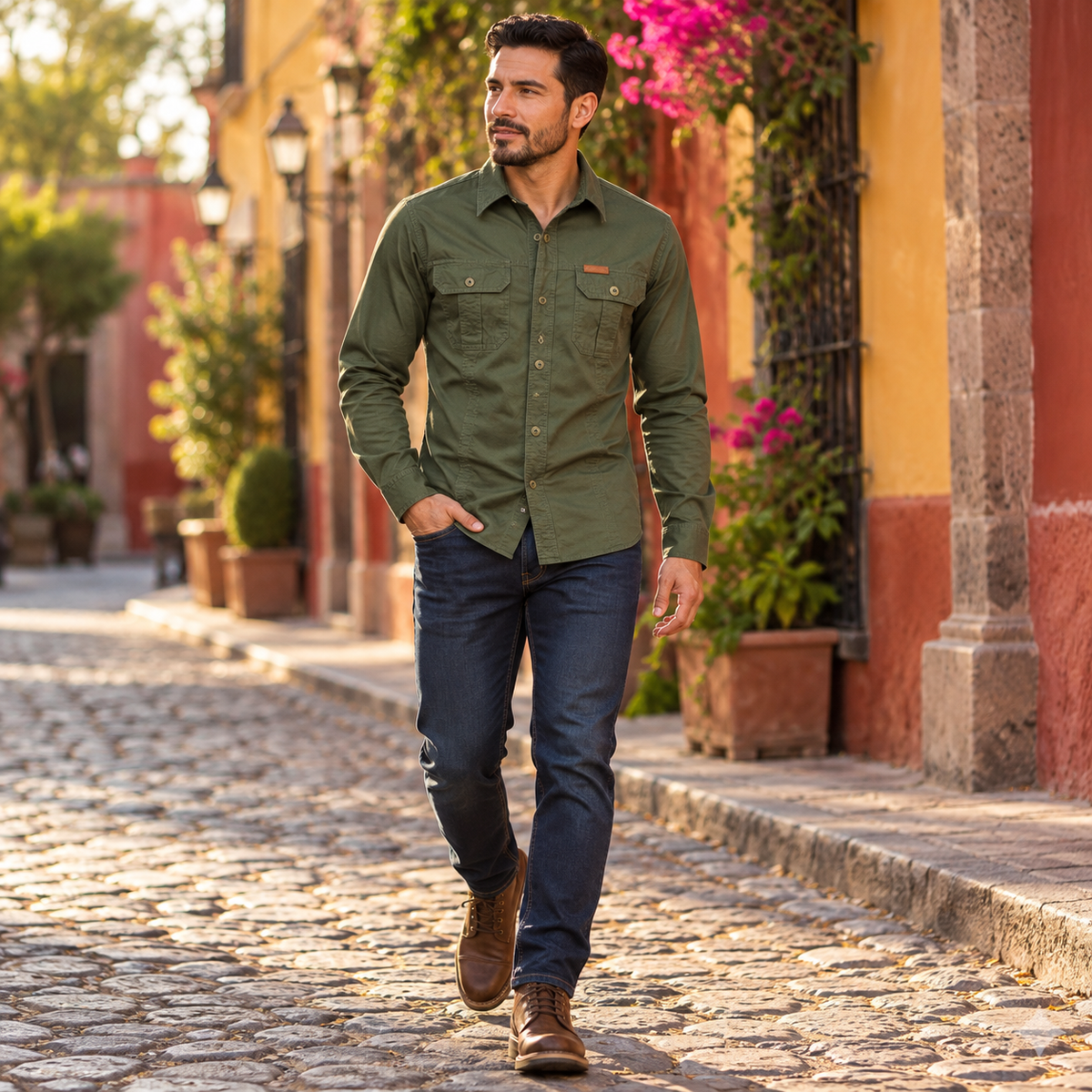 Hombre con la camisa estilo militar verde en una calle colonial de México