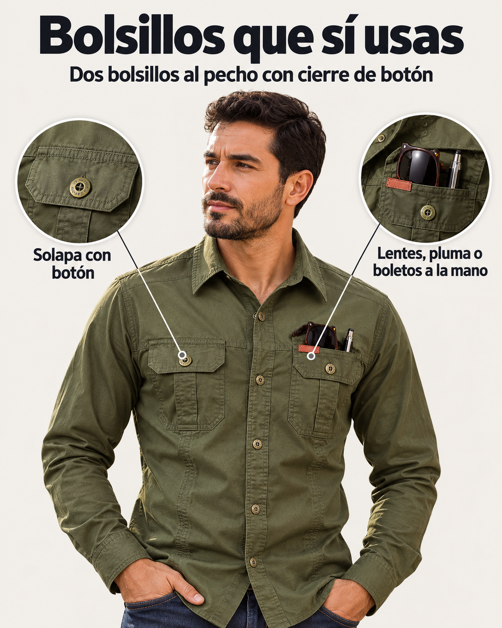 Bolsillos al pecho con solapa y botón de la camisa estilo militar