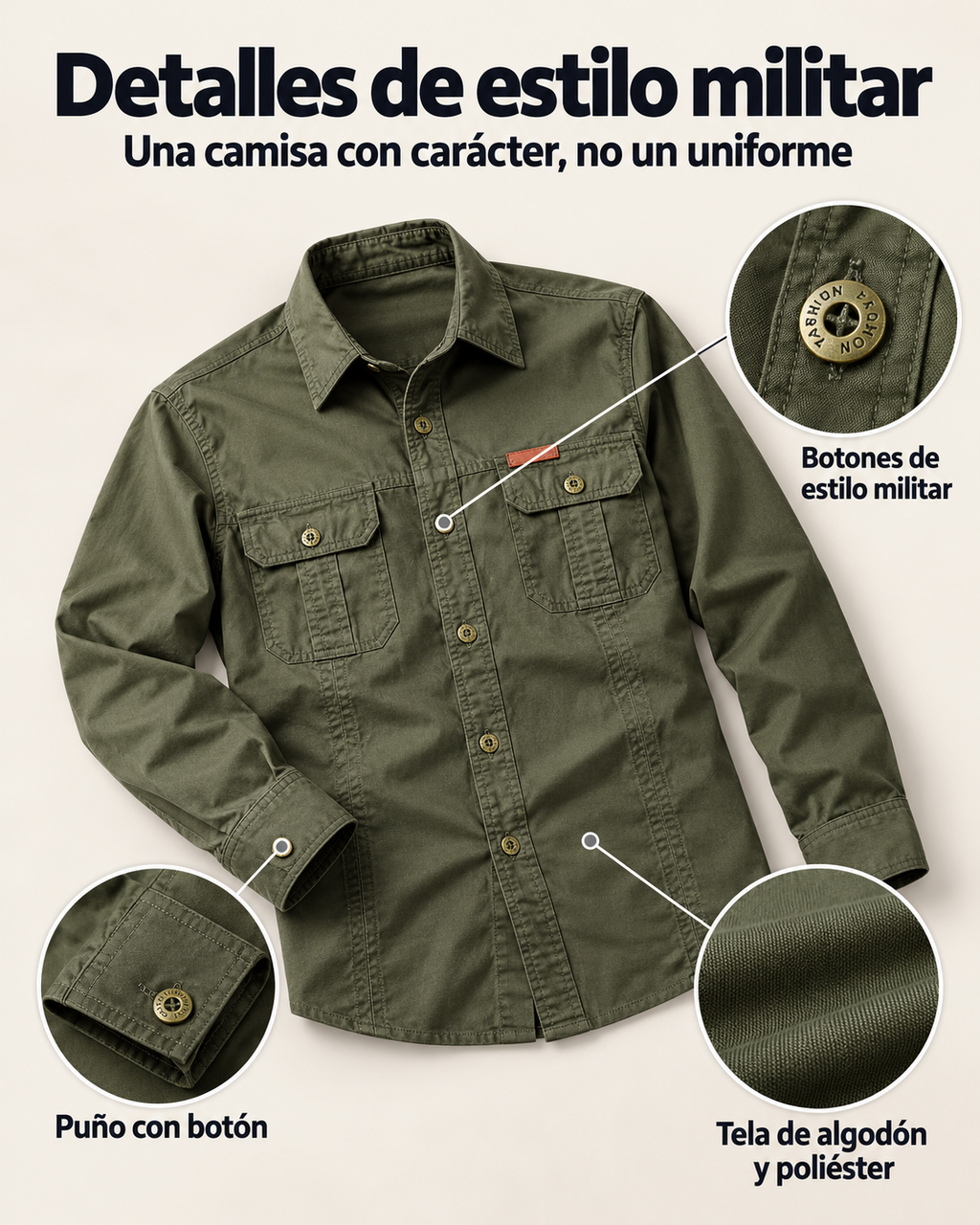Detalles de estilo militar de la camisa: botones, puño y tela