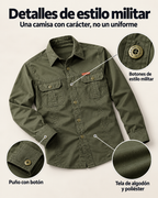 Detalles de estilo militar de la camisa: botones, puño y tela