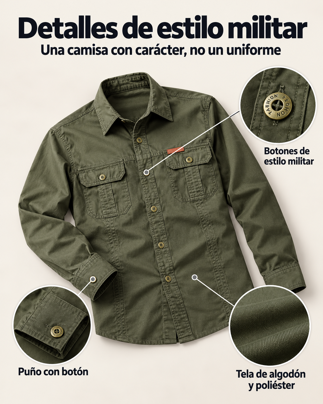 Detalles de estilo militar de la camisa: botones, puño y tela