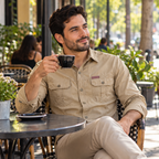 Hombre en un café de la Ciudad de México con la camisa caqui