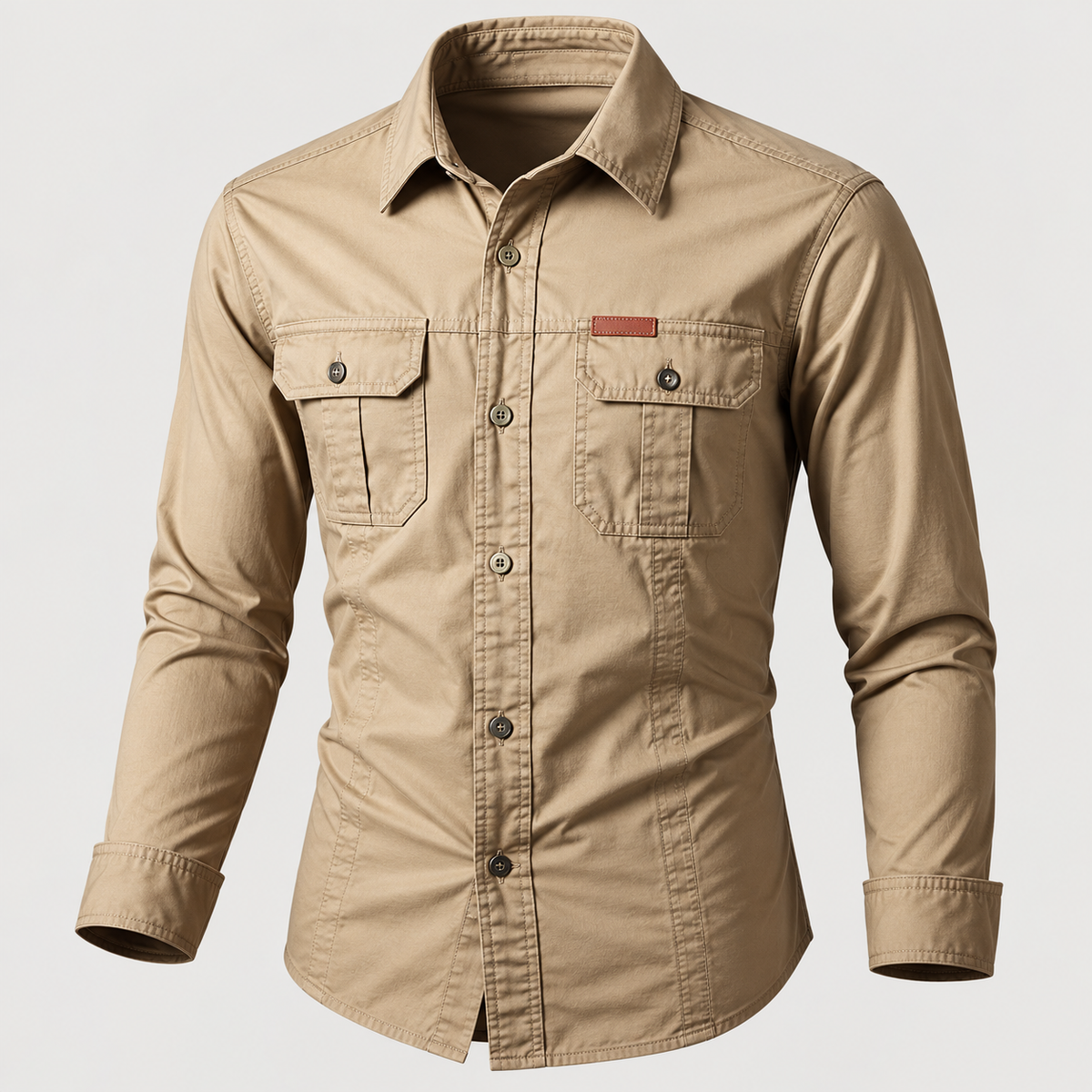 Camisa estilo militar de manga larga para hombre color caqui