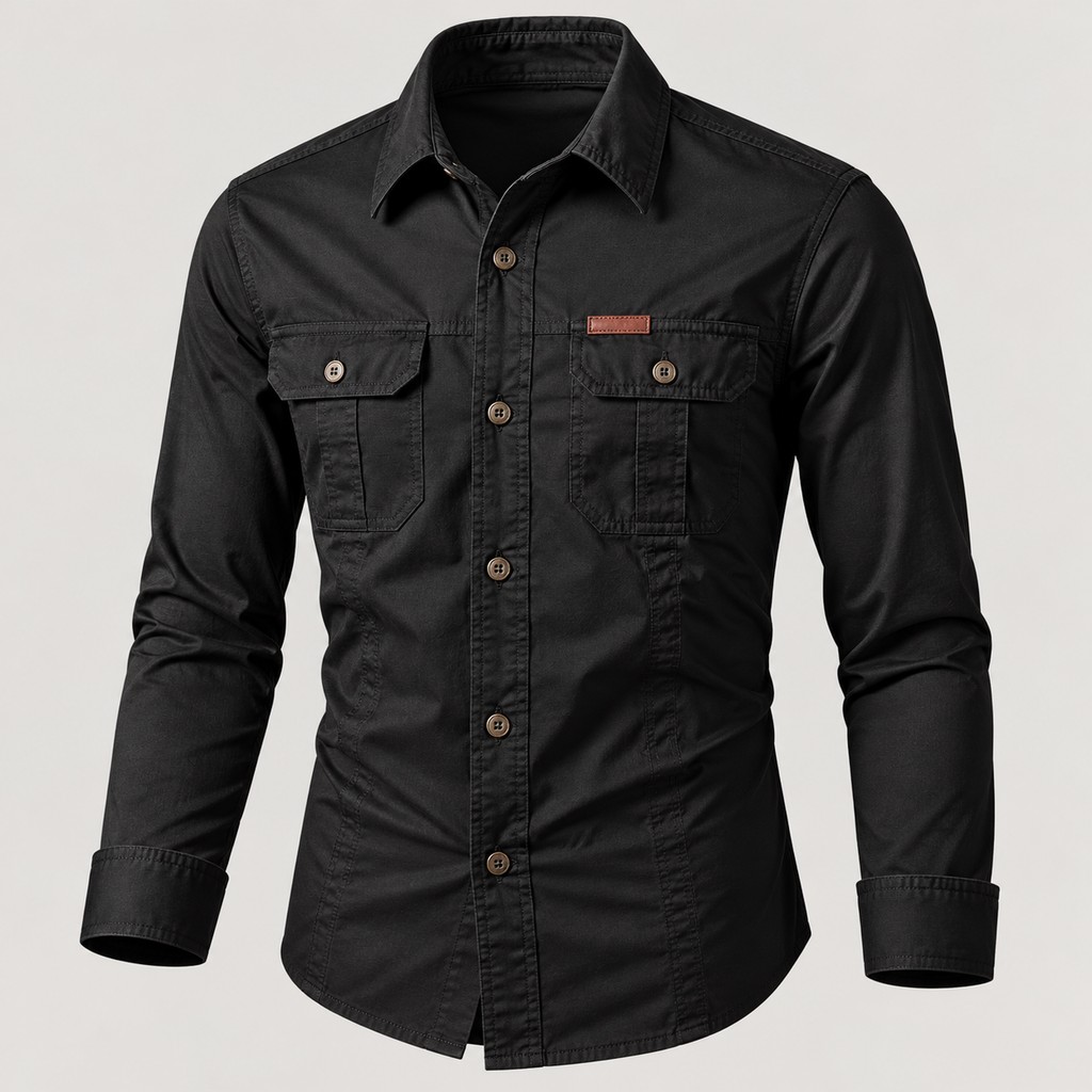 Camisa estilo militar de manga larga para hombre color negro