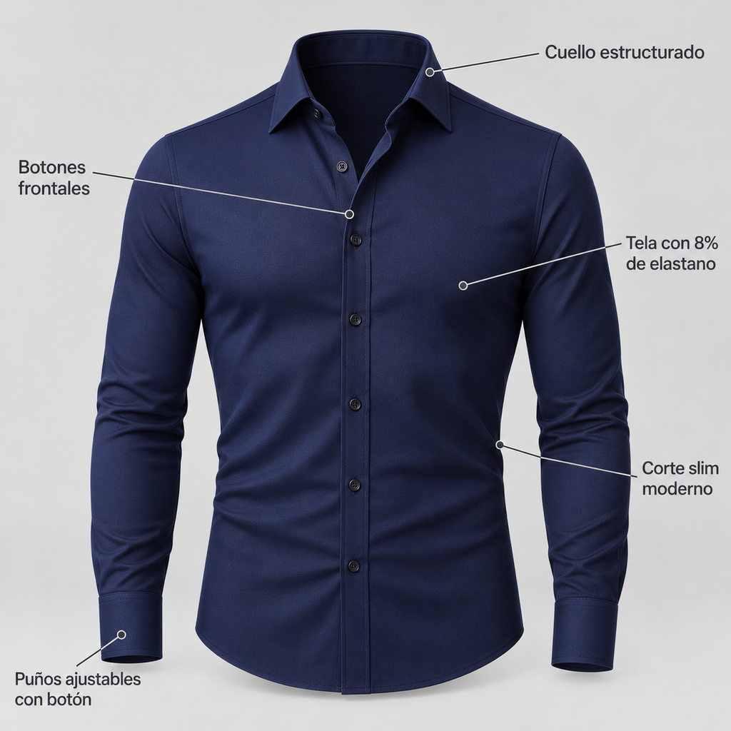Diagrama de la camisa de vestir azul marino con sus detalles señalados