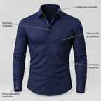 Diagrama de la camisa de vestir azul marino con sus detalles señalados