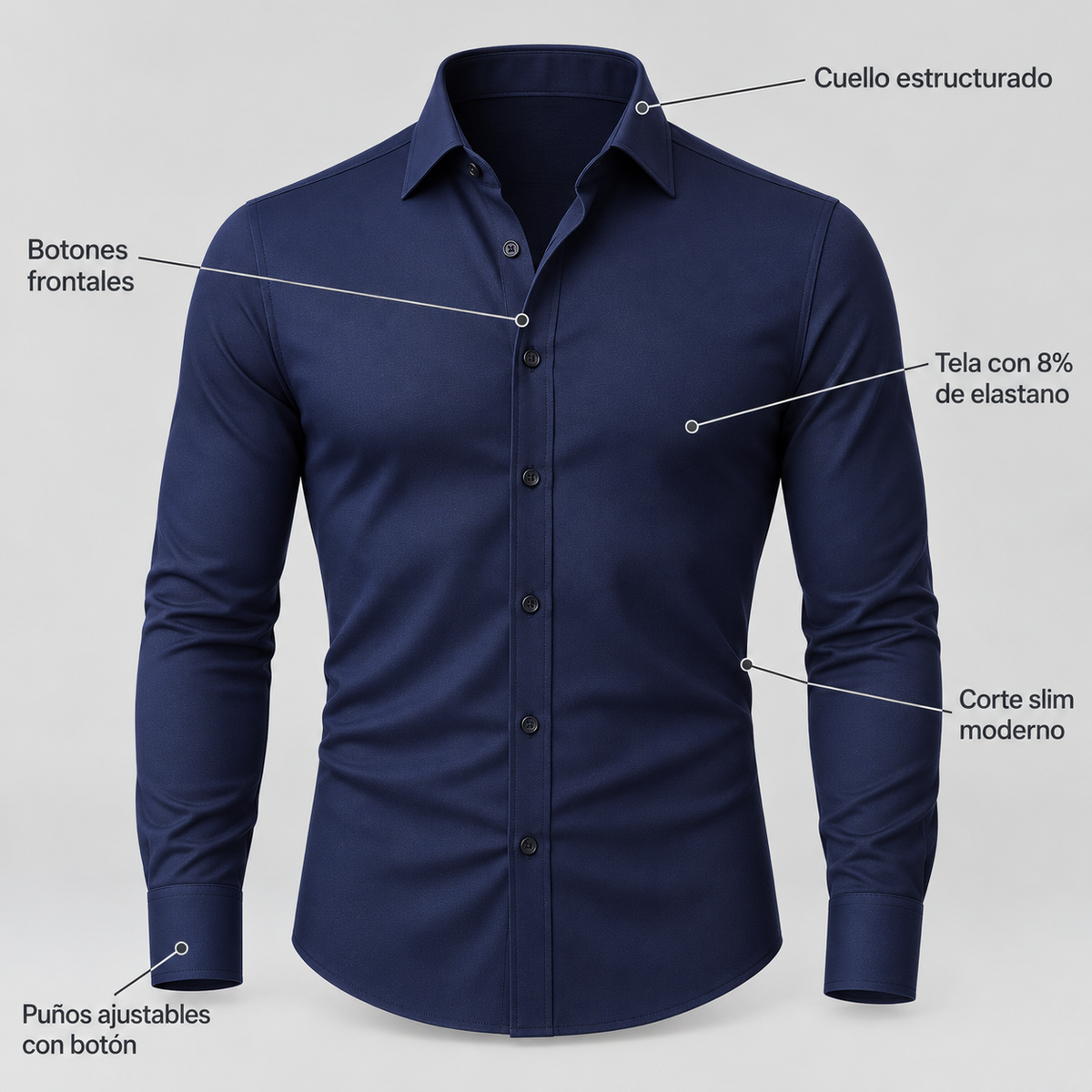 Diagrama de la camisa de vestir azul marino con sus detalles señalados