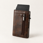Cartera slim marrón de cuero y aluminio con tarjetas escalonadas
