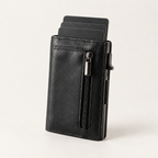 Cartera slim negra de cuero y aluminio con tarjetas escalonadas