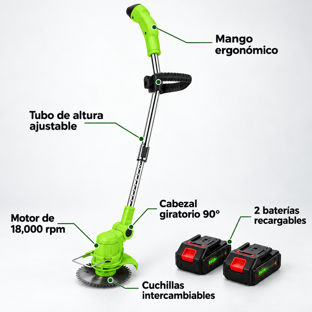 Desbrozadora inalámbrica con motor de 18,000 rpm, cabezal giratorio 90° y 2 baterías