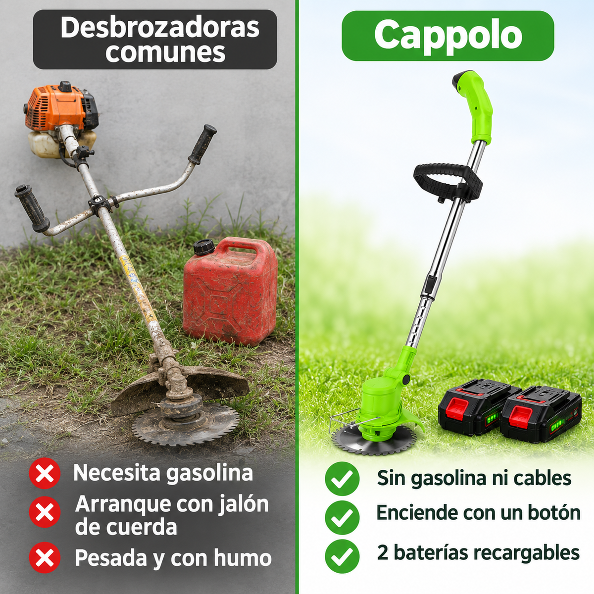 Comparación entre desbrozadora de gasolina común y desbrozadora inalámbrica Cappolo