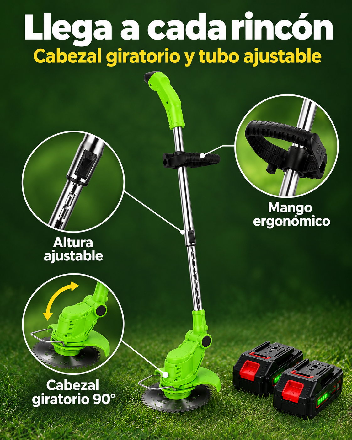 Desbrozadora con cabezal giratorio, altura ajustable y mango ergonómico