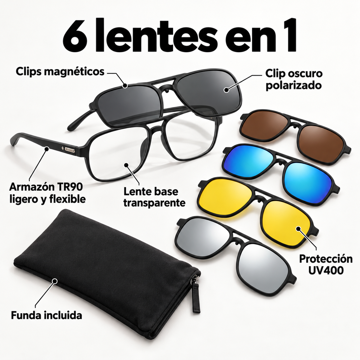 Lentes 6 en 1 con clips magnéticos, armazón TR90 y funda