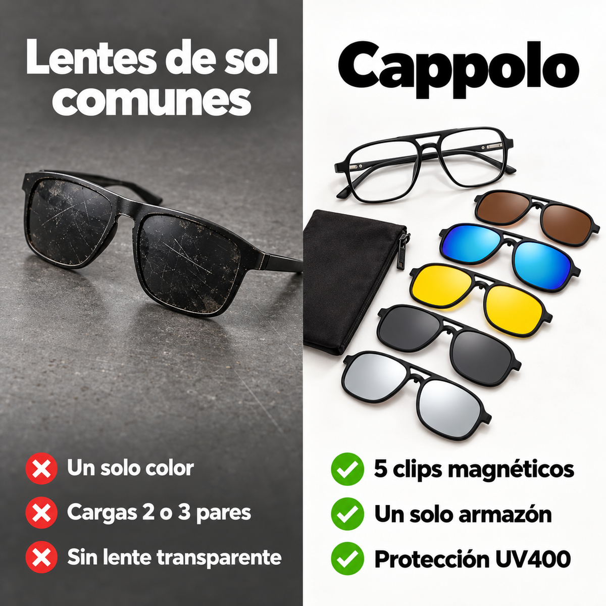 Comparación: lentes de sol comunes contra lentes 6 en 1 Cappolo