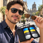 Hombre en la calle con los lentes y el clip oscuro