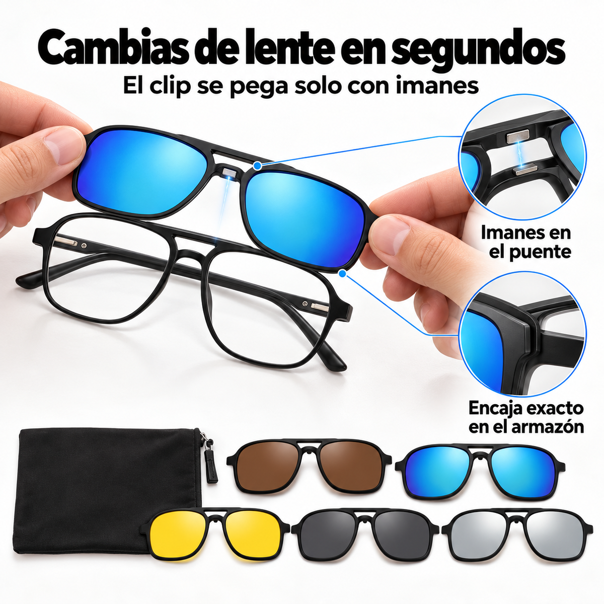 Cambias de lente en segundos con clips magnéticos