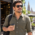 Hombre saliendo de un café con los lentes y el clip oscuro