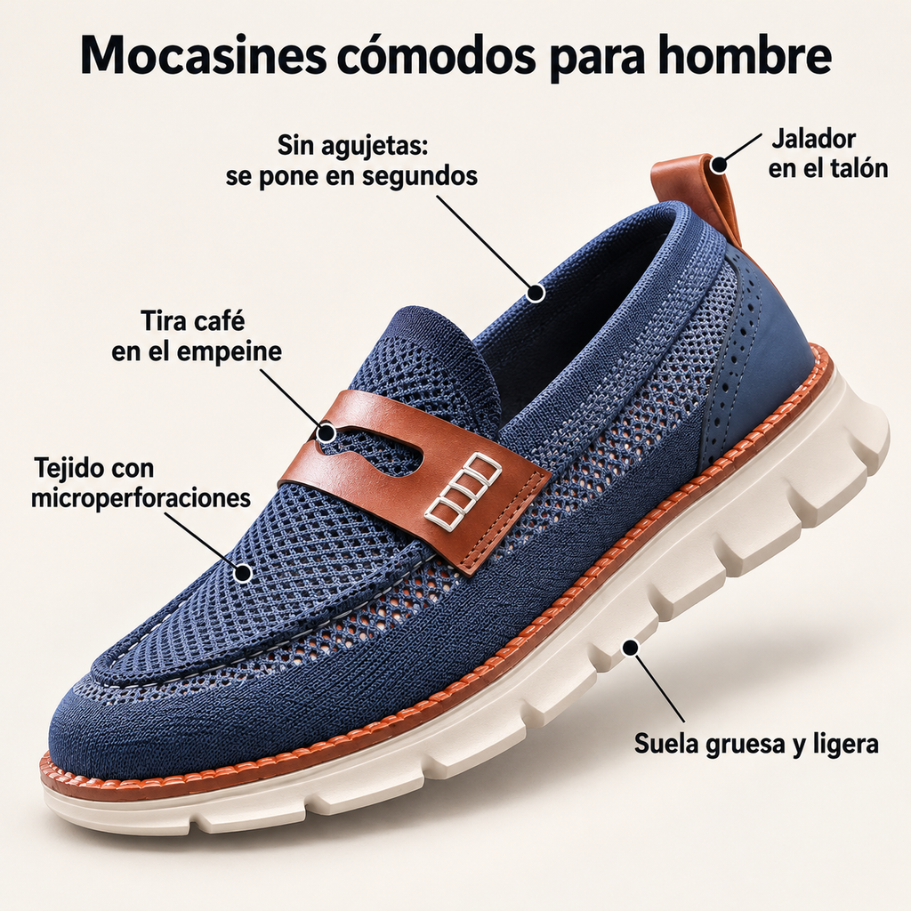 Diagrama del mocasín sin agujetas: tira café, jalador en el talón y suela gruesa