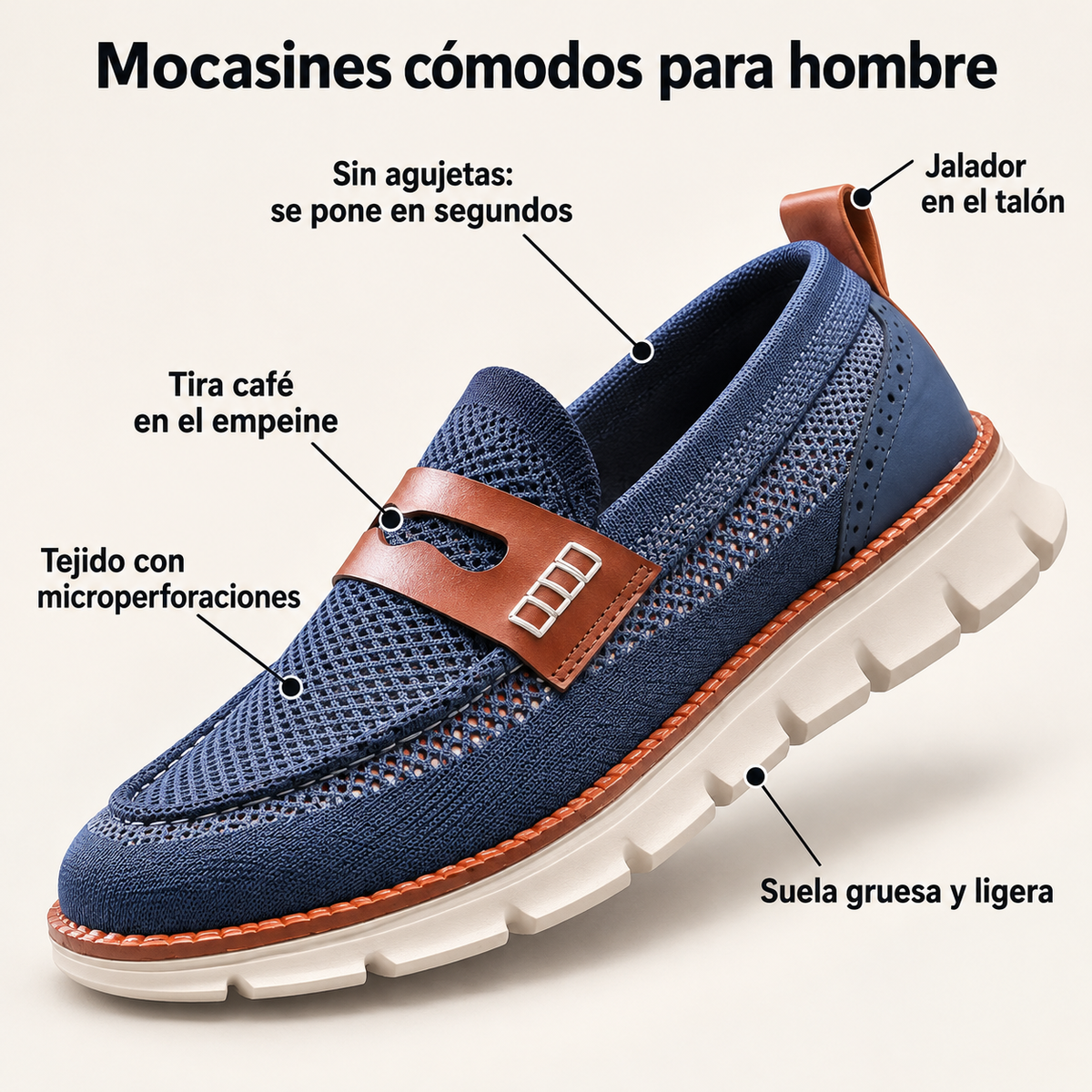 Diagrama del mocasín sin agujetas: tira café, jalador en el talón y suela gruesa