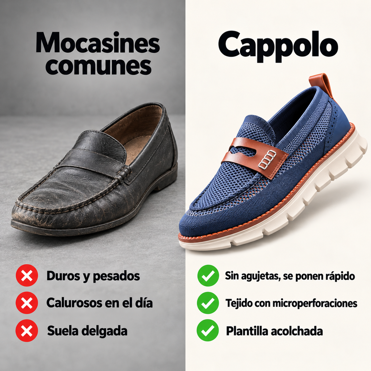 Comparación entre mocasines comunes y mocasines Cappolo