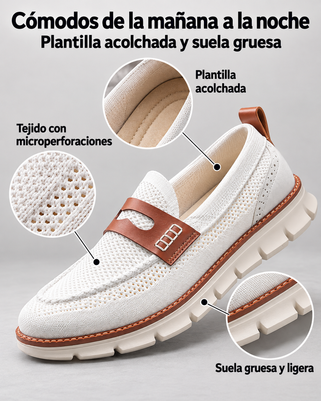 Mocasín blanco: plantilla acolchada, microperforaciones y suela gruesa