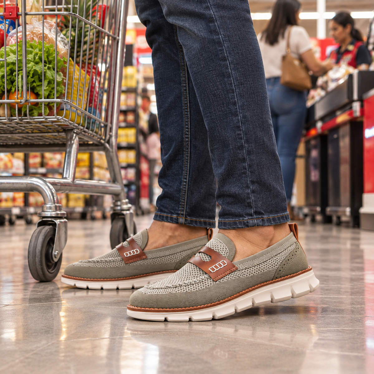 Hombre en la fila del supermercado con mocasines caqui