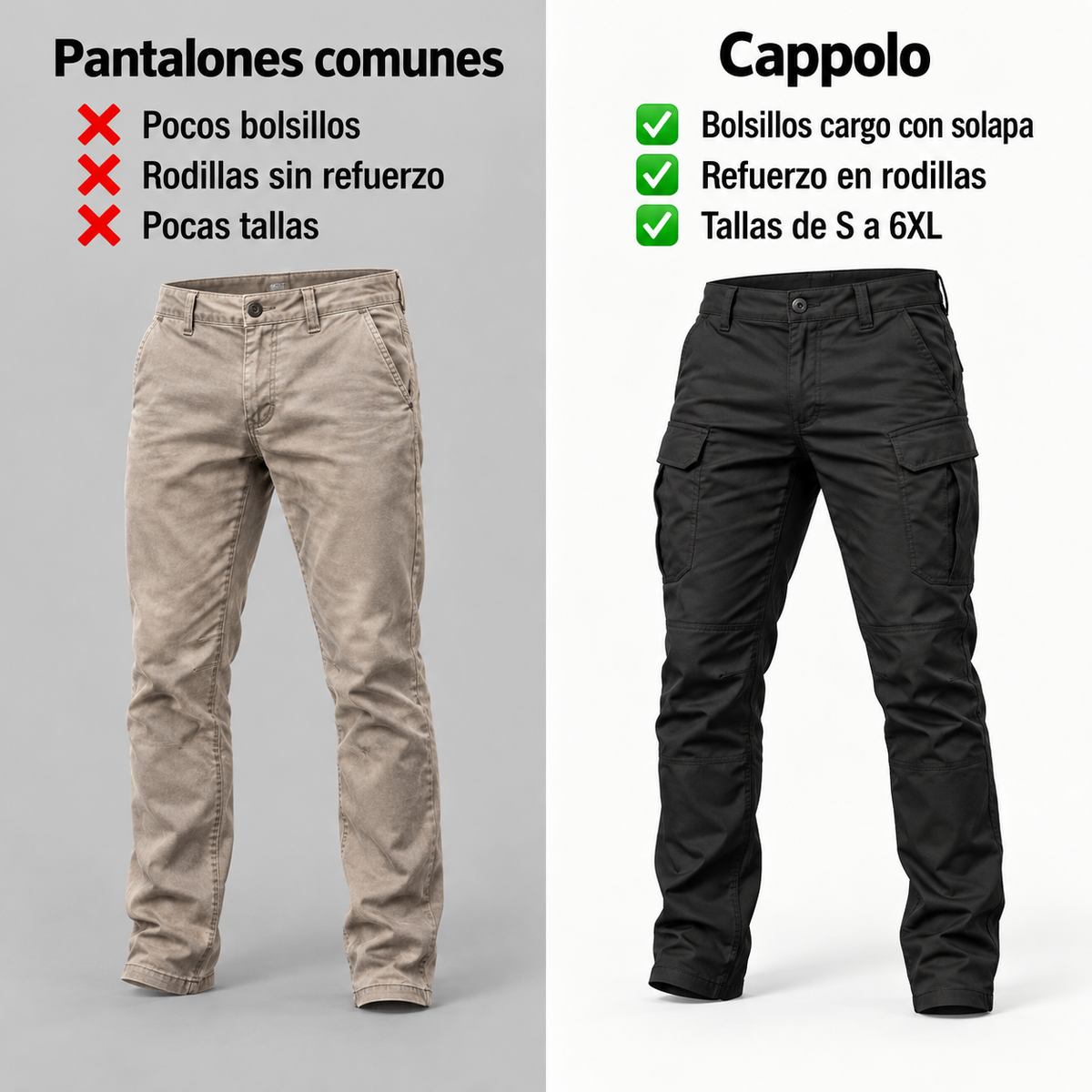 Comparación: pantalones comunes y pantalón táctico Cappolo