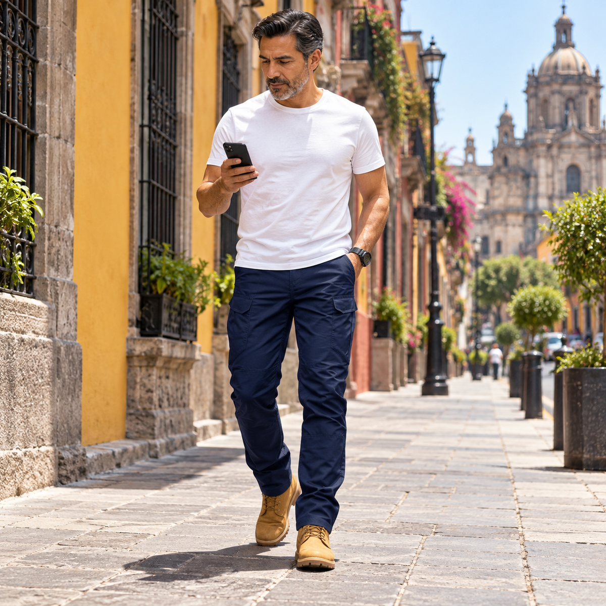 Hombre en la ciudad con pantalón táctico azul