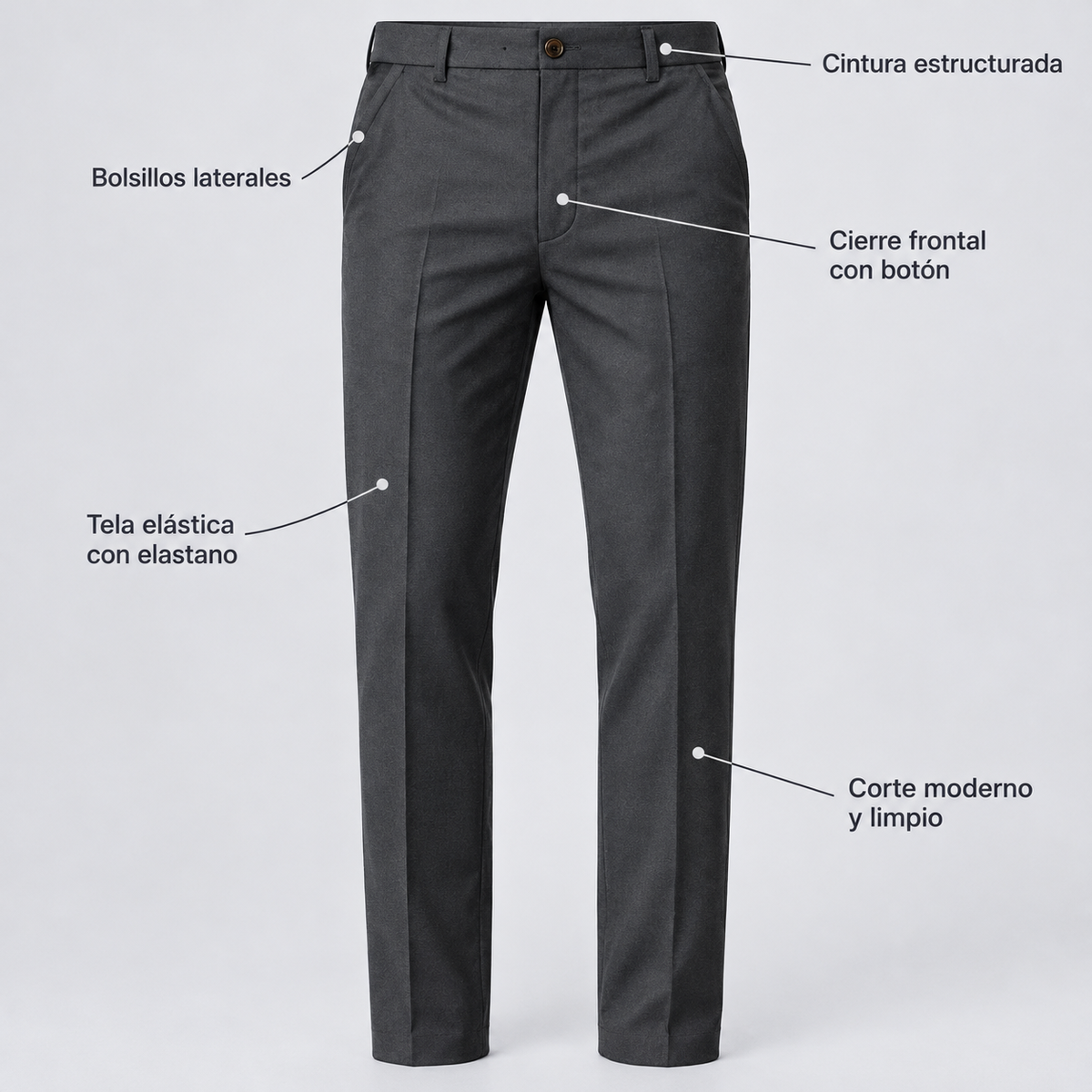 Pantalón de vestir elástico gris con cintura estructurada, cierre frontal y bolsillos laterales