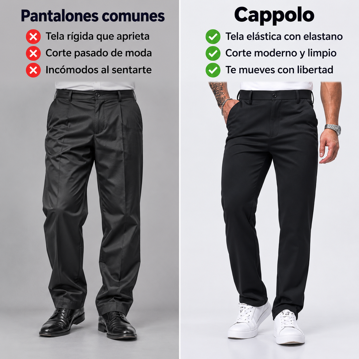 Comparación entre un pantalón de vestir común y el pantalón elástico Cappolo