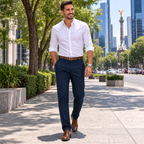 Hombre en Paseo de la Reforma con pantalón de vestir azul marino
