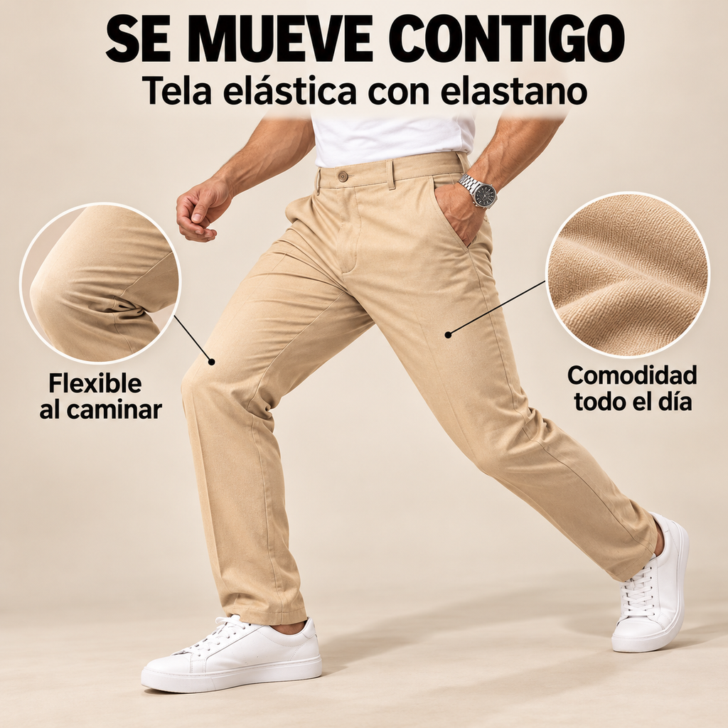 Pantalón beige con tela elástica con elastano en movimiento