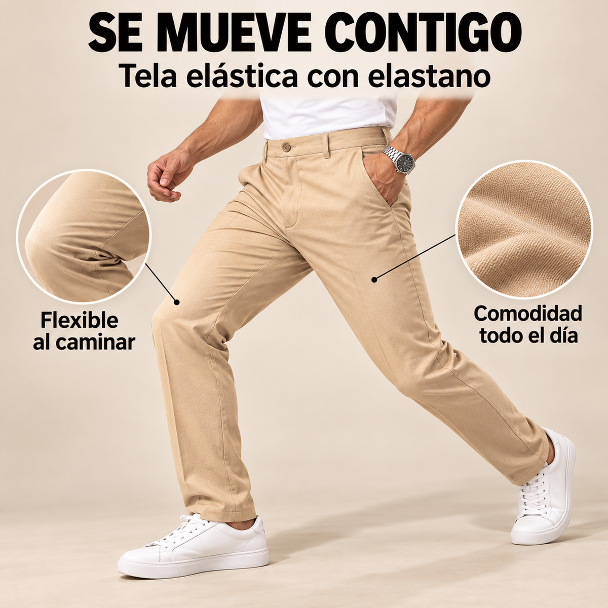 Pantalón beige con tela elástica con elastano en movimiento