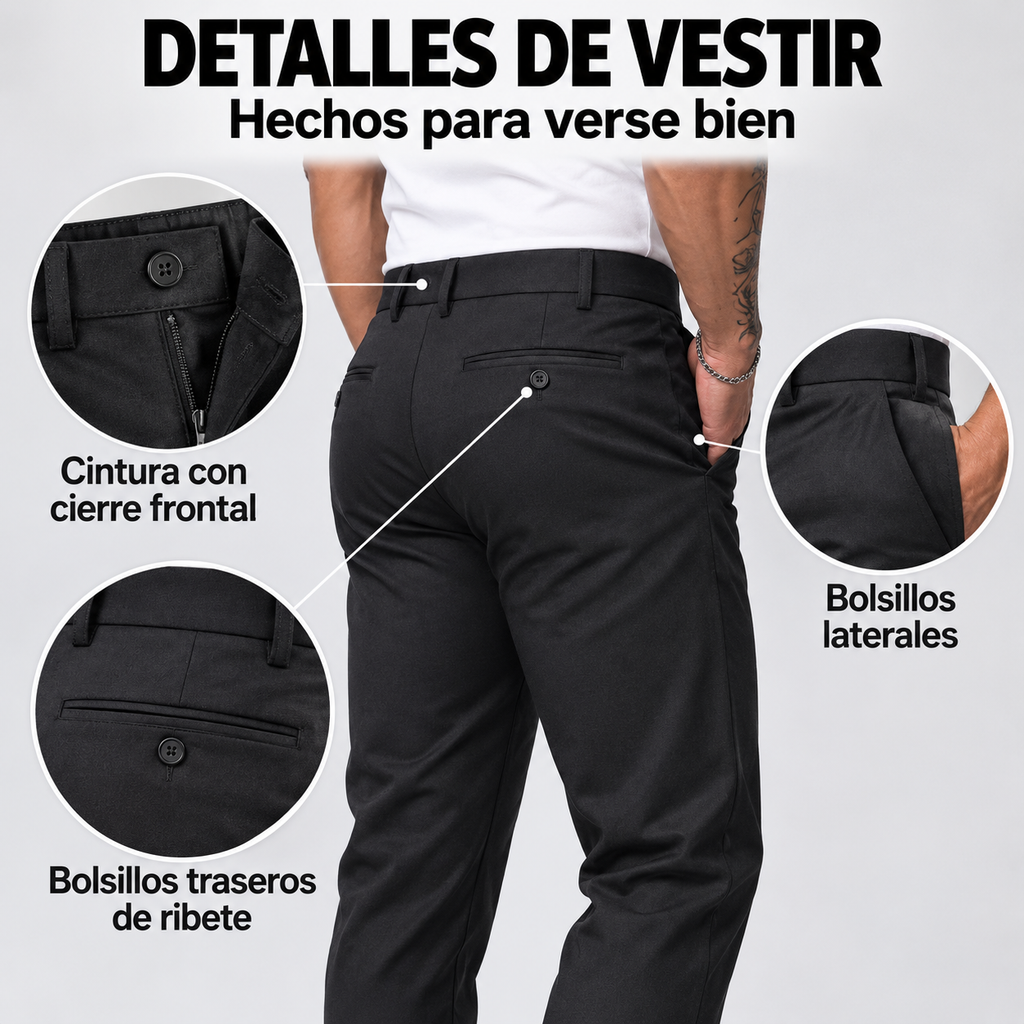 Detalles del pantalón: cintura con cierre frontal, bolsillos laterales y traseros de ribete